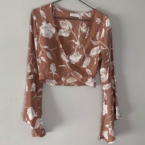 Flynn Skye Pink Floral Printed Long Bell Sleeve Crop Top